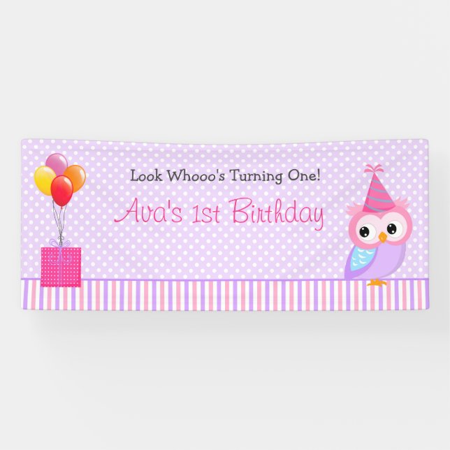 Owl Backdrop Banner (Girl 1st Birthday Party) (Horizontal)