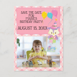 Owl Balloon Pink Gingham Birthday Photo Save Date Postcard