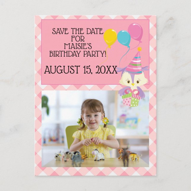 Owl Balloon Pink Gingham Birthday Photo Save Date Postcard (Front)