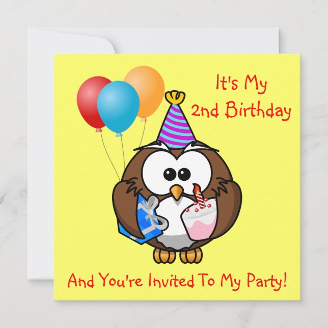 Owl Balloons Cake Kids Birthday Party Custom Year Invitation (Front)