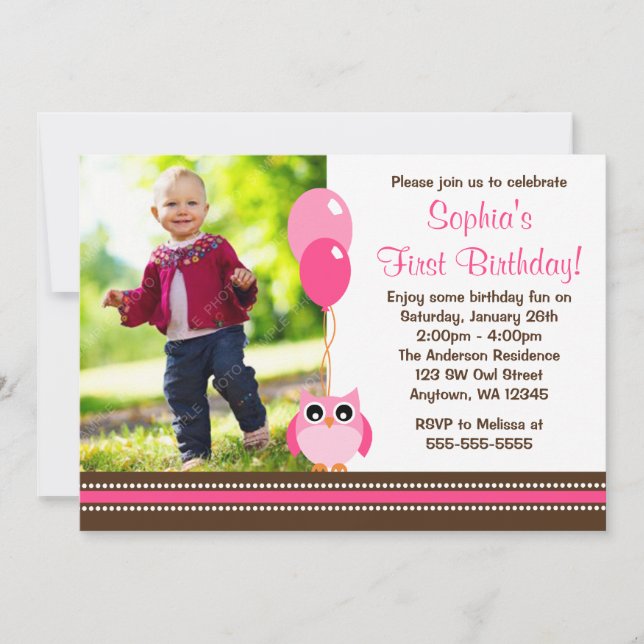 Owl Balloons Pink Brown Photo Birthday Invitation (Front)