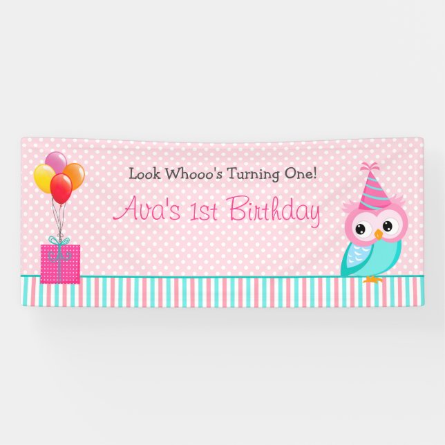 Owl Banner (Personalised) - Girl 1st Birthday (Horizontal)