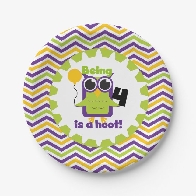 Owl Being 4 is a Hoot Birthday Paper Plates (Front)