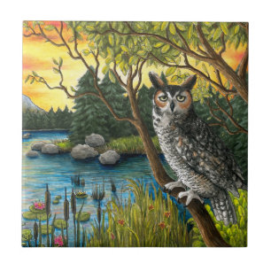 Owl Bird 68 Green Nature Tile