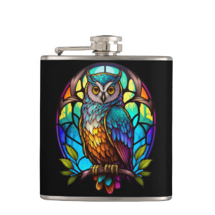 Owl Bird Animal Portrait Stained Glass Wildlife Hip Flask