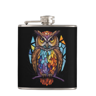 Owl Bird Animal Portrait Stained Glass Wildlife Hip Flask