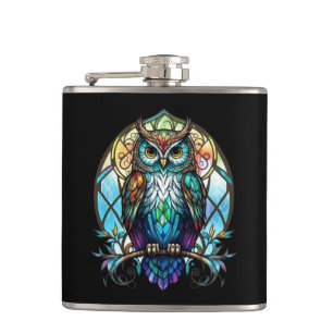 Owl Bird Animal Portrait Stained Glass Wildlife Hip Flask