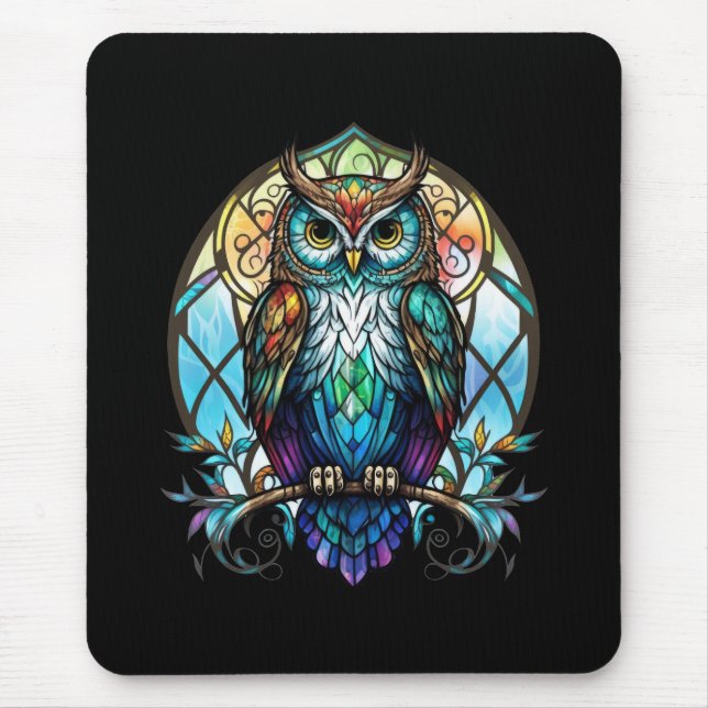Owl Bird Animal Portrait Stained Glass Wildlife  Mouse Mat (Front)