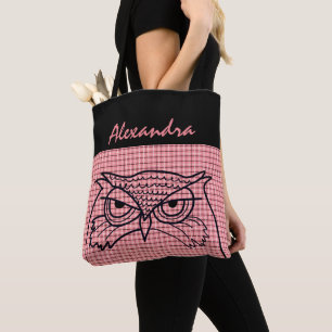Owl Bird Drawing Cool Pink Tartan Modern Monogram Tote Bag