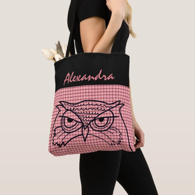 Owl Bird Drawing Cool Pink Tartan Modern Monogram Tote Bag (Close Up)