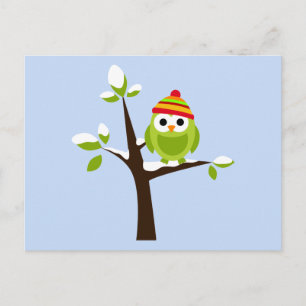 Owl Bird Green Snow Cute Cartoon Postcard