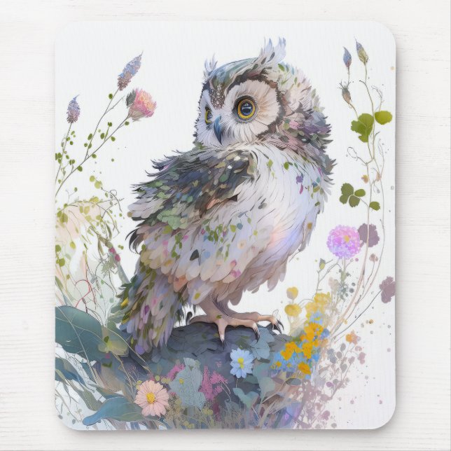 Owl Bird Portrait Animal Painting Wildlife Forest Mouse Mat (Front)