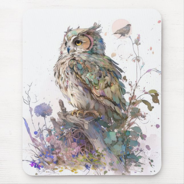 Owl Bird Portrait Animal Painting Wildlife Forest Mouse Mat (Front)