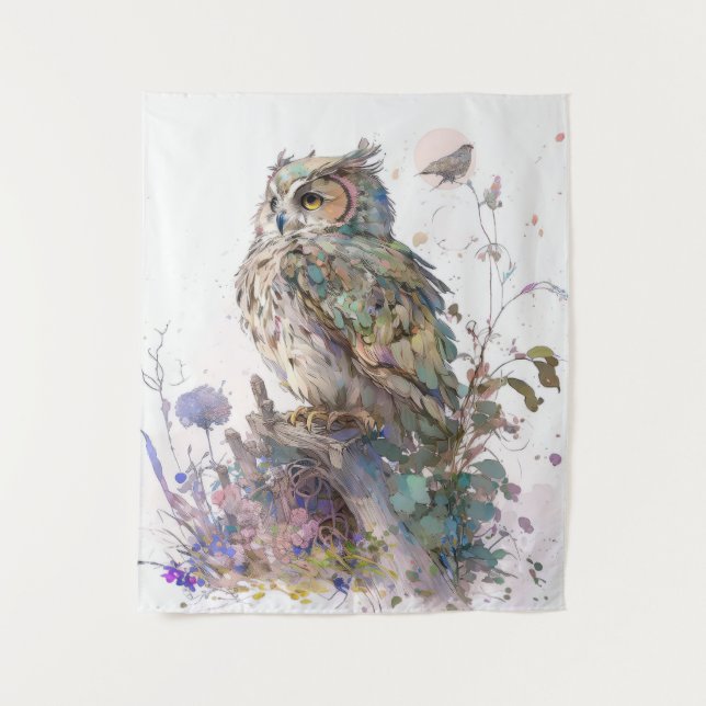 Owl Bird Portrait Animal Painting Wildlife Forest Tapestry (Front)