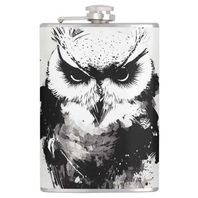 Owl Bird Wild Nature Free Spirit Brush Painting Hip Flask (Front)