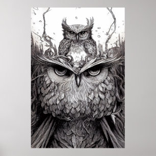 Owl Bird Wild Nature Illustration Line Epic Art Poster