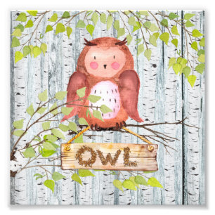 Owl Bird Woodland Friends Watercolor illustration Photo Print