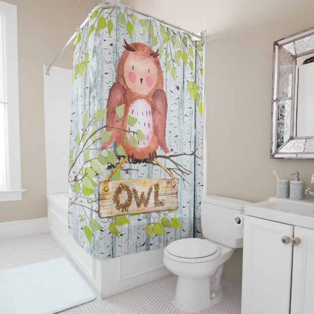 Owl Bird Woodland Friends Watercolor illustration Shower Curtain (In Situ)