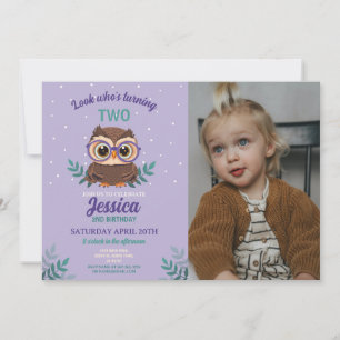 Owl Birthday Girls Hoot Glasses Purple Photo Invitation