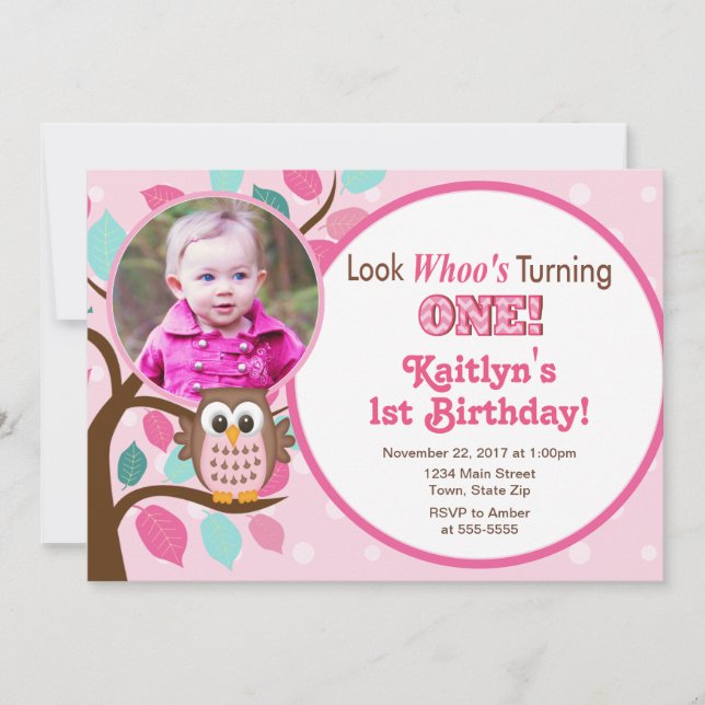 Owl Birthday Invitation 1st Birthday Girl (Front)
