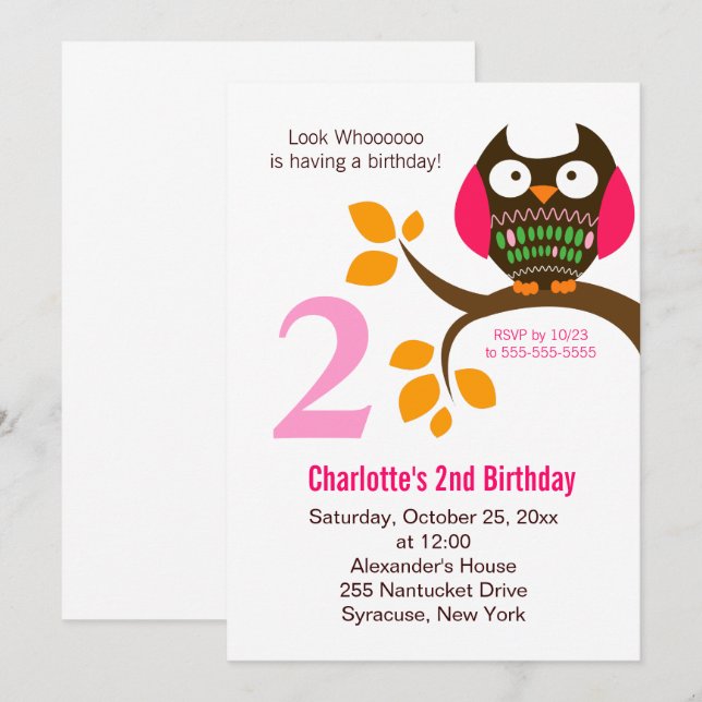 Owl Birthday Invitation for Girls Orange/Pink (Front/Back)