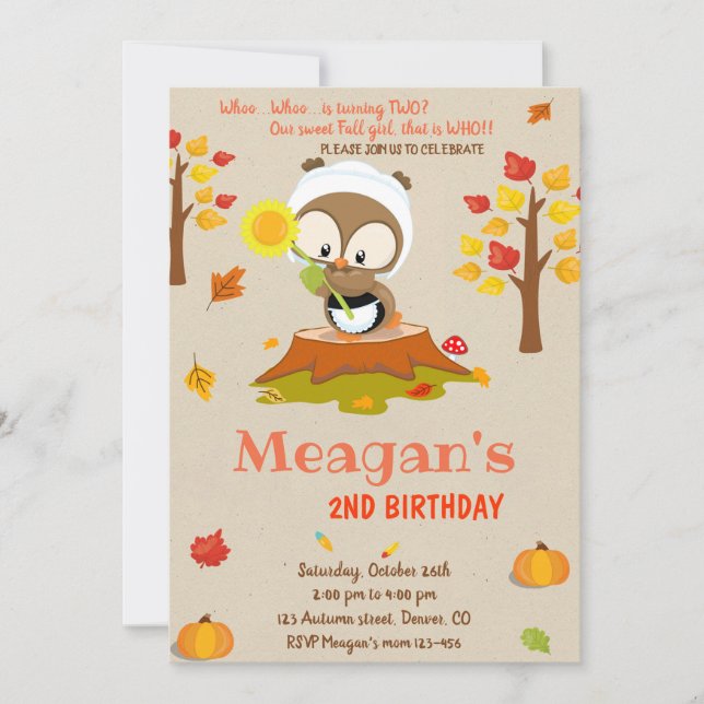 Owl birthday invitation Owl invitation Fall girl (Front)