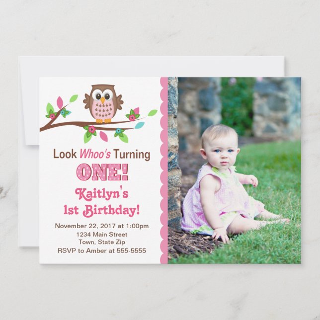 Owl Birthday Invitation Pink Girl 1st Invite (Front)