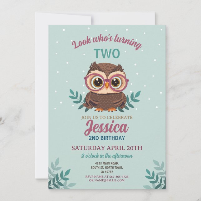 Owl Birthday Mint Girls Hoot Glasses Cute  Invitation (Front)
