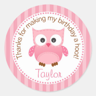 Owl Birthday Party Favour Stickers (Pink)
