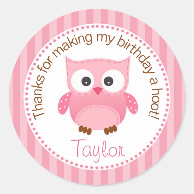 Owl Birthday Party Favour Stickers (Pink) (Front)