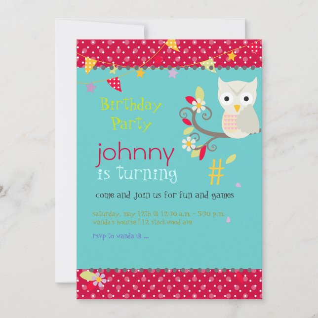 Owl, birthday party invitations (Front)