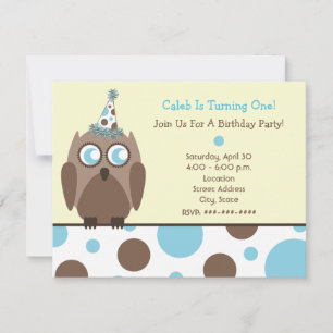 Owl Birthday Party Invite Blue & Brown Polka Dots