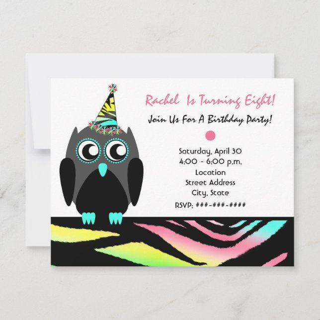 Owl Birthday Party Invite Neon Zebra Print (Front)