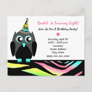 Owl Birthday Party Invite Neon Zebra Print