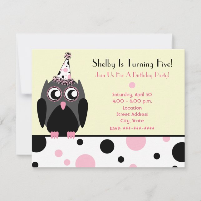 Owl Birthday Party Invite Pink & Black Polka Dots (Front)