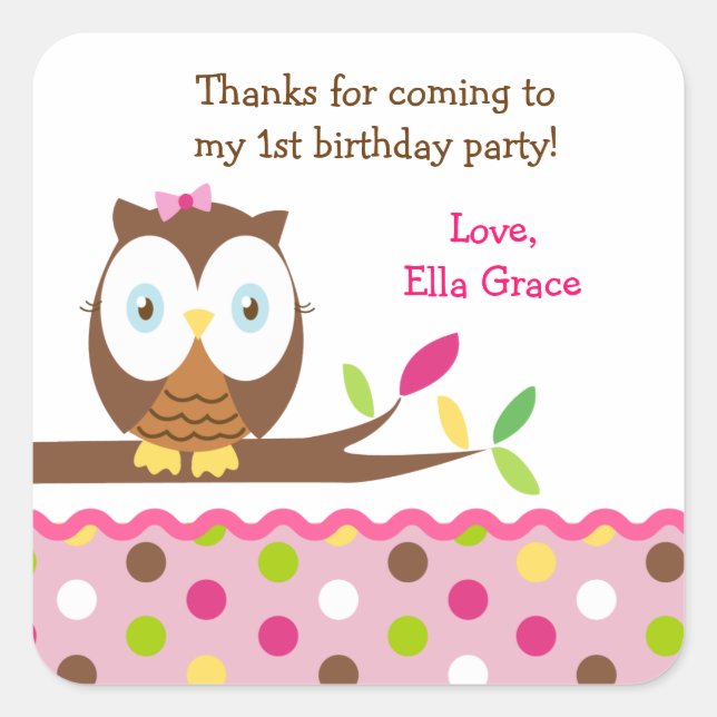 Owl Birthday Party Thank you Favour Stickers Label (Front)