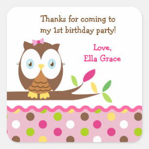 Owl Birthday Party Thank you Favour Stickers Label