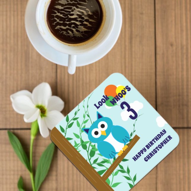 Owl Birthday Square Paper Coaster (Creator Uploaded)