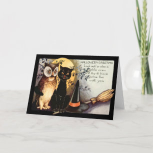 Owl Black Cat Full Moon Witch's Hat Broom Card
