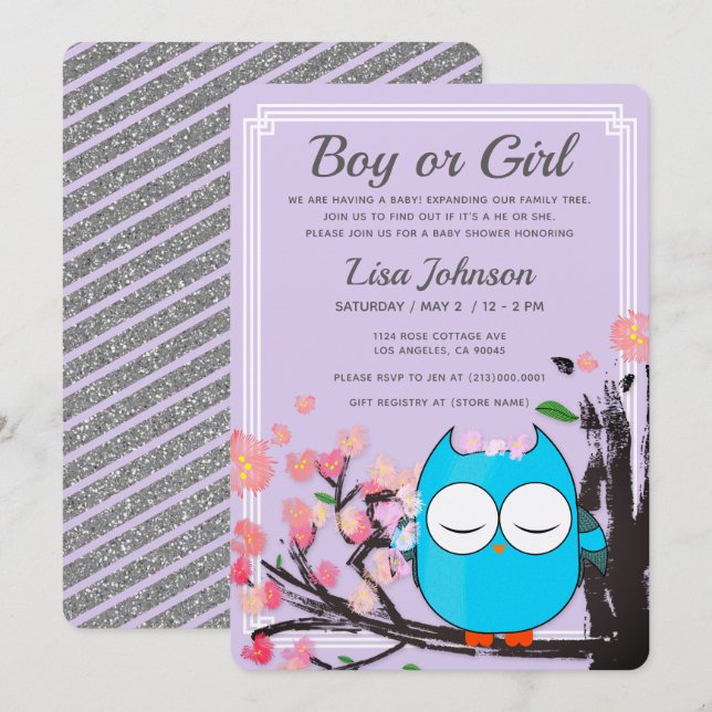 Owl Blossom Purple Glitter Stripes Baby Shower Invitation (Front/Back)