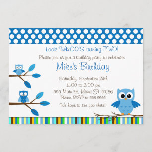 Owl Blue Brown Kids Birthday Party Invitation