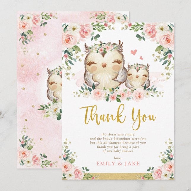 Owl Blush Pink Roses Baby Shower Thank You Card (Front/Back)