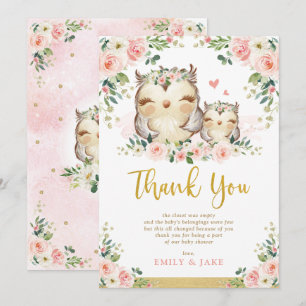 Owl Blush Pink Roses Baby Shower Thank You Card
