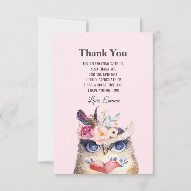 OWL , bohemian, boho floral Thank You Card (Front)