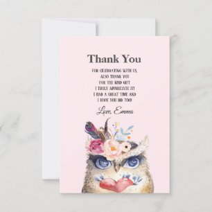 OWL, bohemian, floral boho Thank You Card