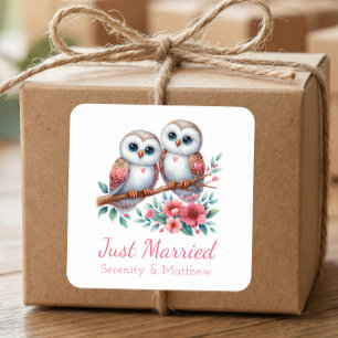 Owl Boho Rustic Country Woodland Just Married Square Sticker