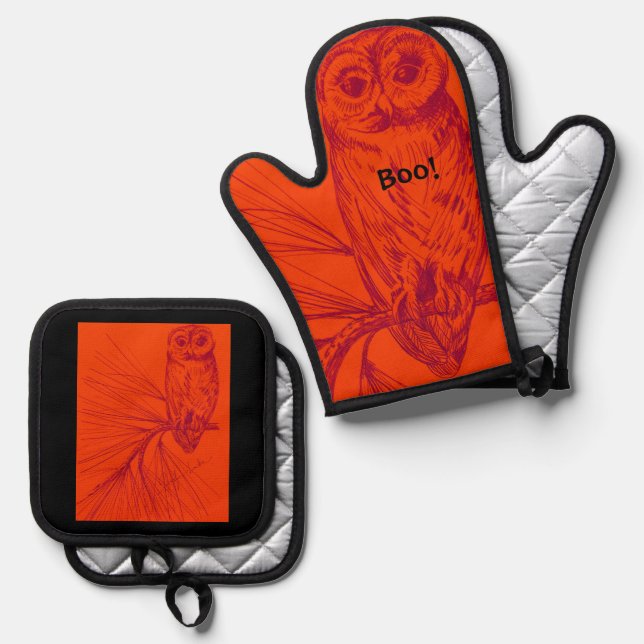 Owl Boo Trivet Oven Mitt & Pot Holder Set (Front/Back)