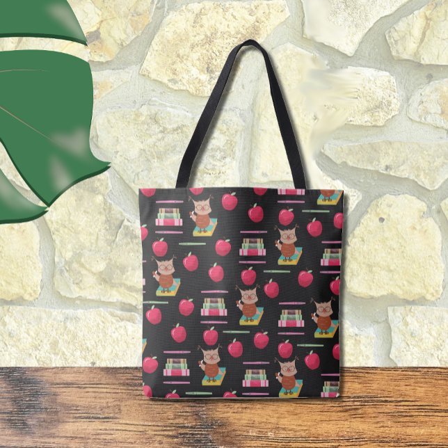 Owl , Books , Red Apple Teacher Large Tote Bag (Cute owl , books and red apples pattern teacher tote bag .)