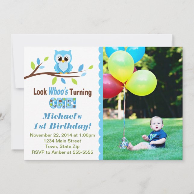 Owl Boy 1st Birthday Invitation 5x7 Photo Card (Front)