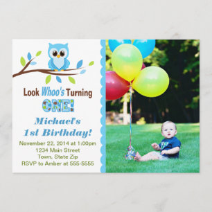 Owl Boy 1st Birthday Invitation 5x7 Photo Card